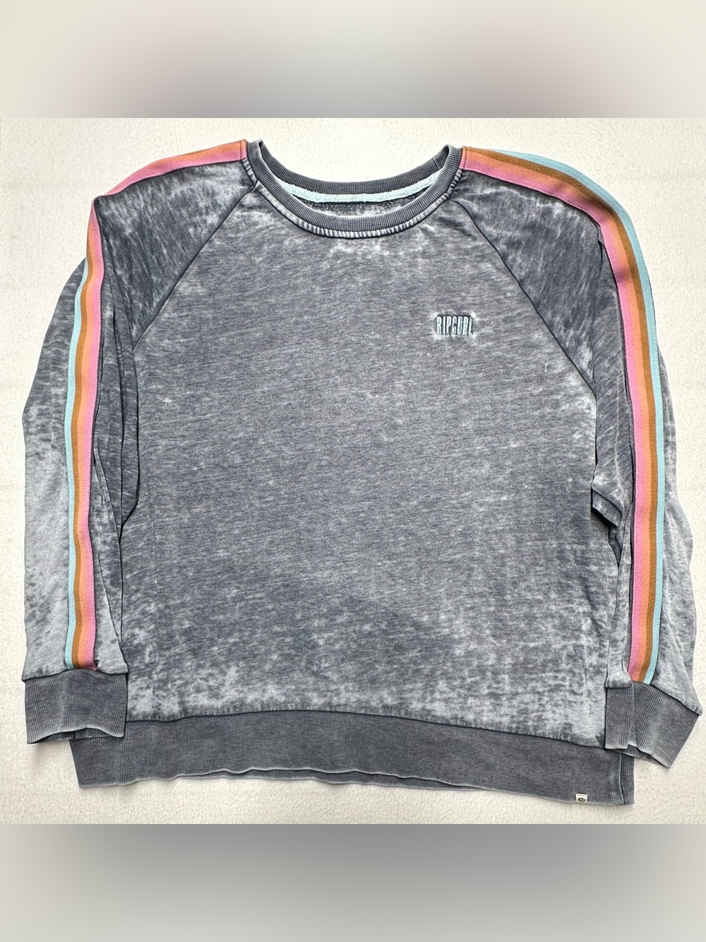 Rip Curl Women’s XL Acid Wash Crewneck Light Sweatshirt Rainbow Stripe Gray Surf